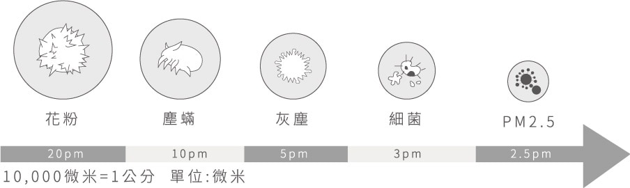 PM2.5直徑僅頭髮1/28，可直接進入人體的肺泡與微血管中，進而散佈於全身，對身體造成嚴重的傷害。