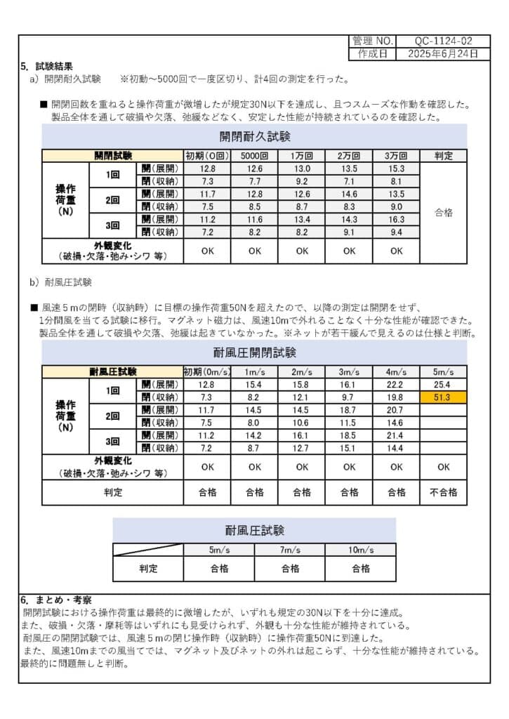 開/關耐久性和風壓測試